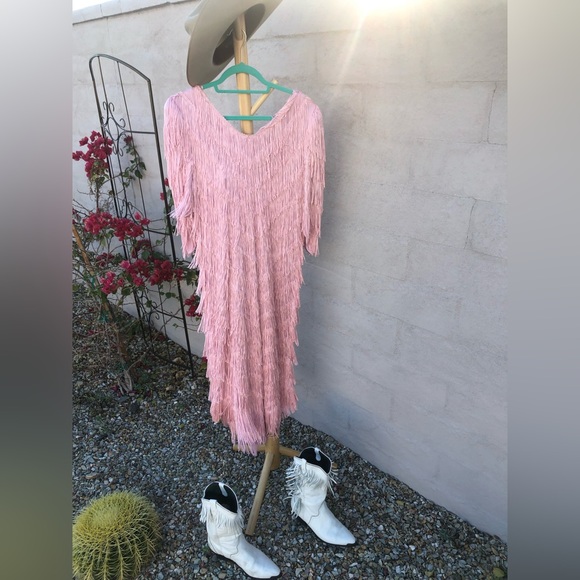 Vintage disco cowgirl Taylor swift like pink midi maxi fringe western dress - Picture 10 of 14